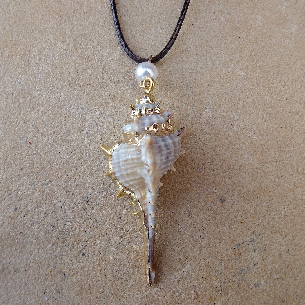 Long Boho Beach Gold Dipped Shell & Pearl Necklace